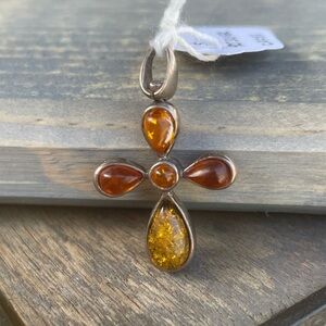 Silver Amber Cross Pendant